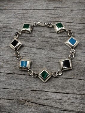 Sterling Silver Turquoise Onyx Malachite Multi Stone Inlay Link Bracelet 7.5